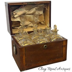 Antique Federal regency liquor box tantalus mahogany inlaid fan gilt bottles