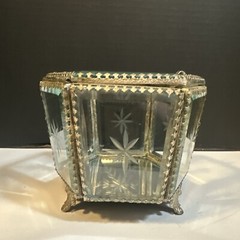 MCM Art Deco Mirrored Floral Etched Hexagonal Glass Jewelry Casket Trinket Box