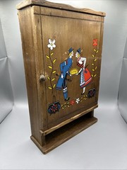 Antique Folk Art Hand Painted Wooden Wall Cabinet w Door, Shelves 12”Tx7.75”Wx2”