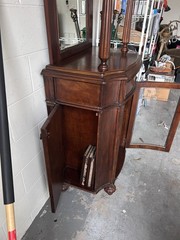 Antique Brown Wood Cabinet with Mirror, Glass Doors, Drawer, Adjustable Shelves