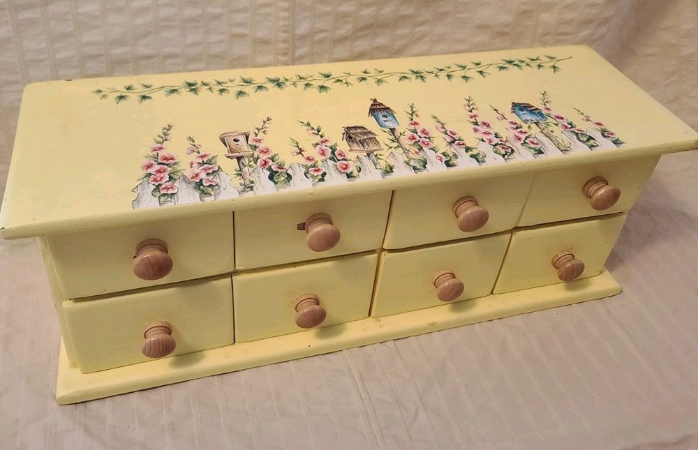 Vintage Yellow Table Top Wooden 8-Drawer Birdhouses Apothecary Hand Painted