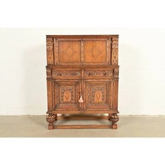 Antique English Jacobean Carved Oak Bar Cabinet, Circa 1920s