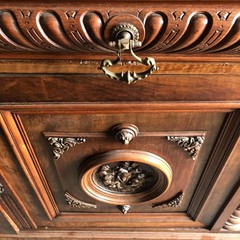 Rare LG Matching Pair Antique French Walnut Hutches Carved Cameos Lions Columns