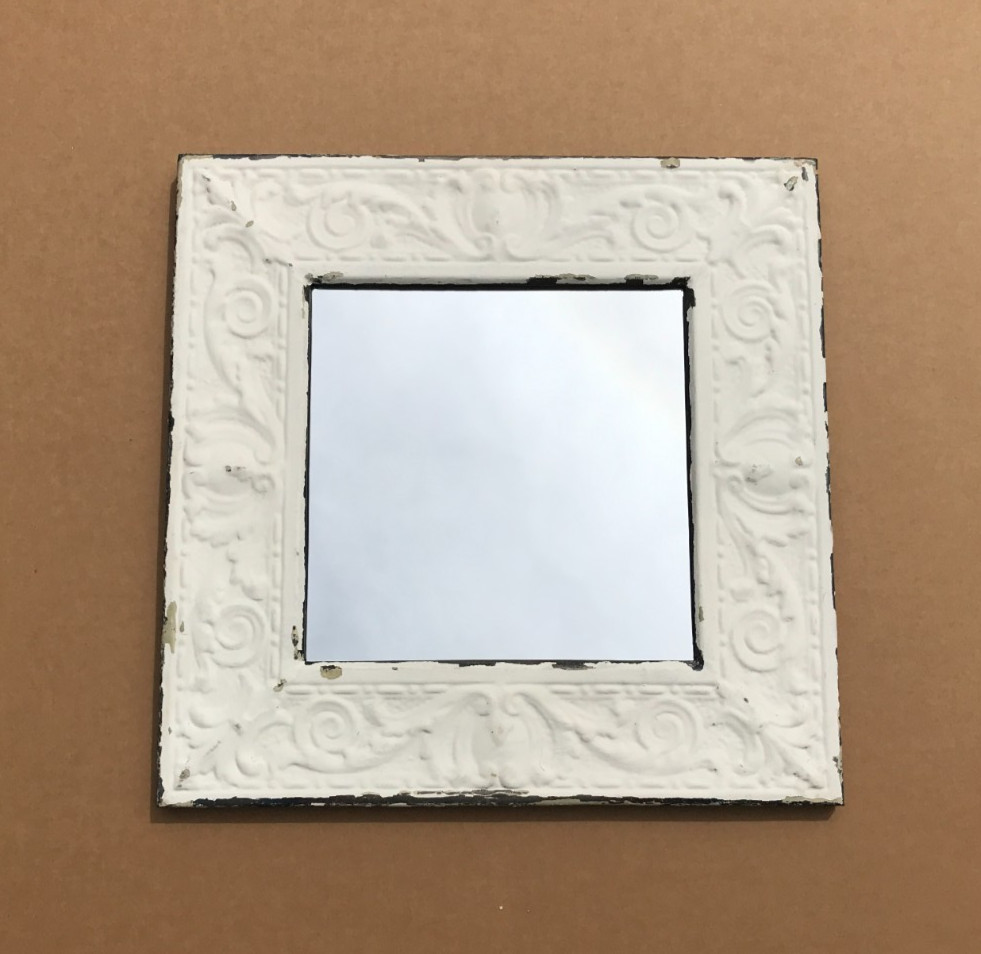 VTG Decorative White Salvaged Tin Ceiling 23″ SQ. Metal 13″ Mirror Old 640-26B