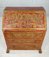 18th century Spanish Baroque Red & GIlt painted Slant front Desk