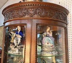 Antique Oak Corner Curio China Cabinet Beveled Glass Carved 80.75″ with Casters