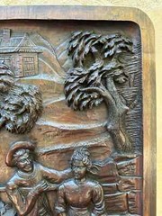 French Antique Architectural Romantic Peasant Scene Carved Wood Wall Panel 19th