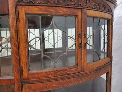 Victorian Oak Bowed Curved Glass China Cabinet with Leaded Glass & Claw Feet