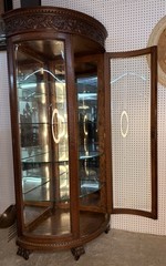 Antique Oak Corner Curio China Cabinet Beveled Glass Carved 80.75″ with Casters