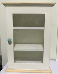 White wooden farmhouse wall medicine curio cabinet glass door | vintage country
