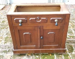 ANTIQUE 19 c. ENGLISH OAK MARBLE TOP STAND DRY CABINET w/ TEAR DROP PULLS