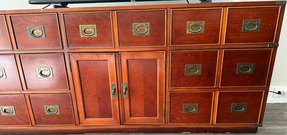 Antique Wood Cabinet with Brass Handles, 12 Drawers, 2 Doors, 66x18x30 in
