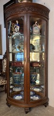 Antique Oak Corner Curio China Cabinet Beveled Glass Carved 80.75″ with Casters