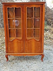 French vintage Country provincial double door footed Curio display cabinet
