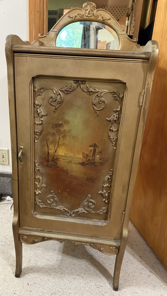 1800’s Gilded Hand Painted 7-Shelves Vernis Martin Style Beveled Mirror Cabinet