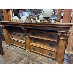 Massive Antique Oak Built-In Cabinet with Leaded Glass Doors