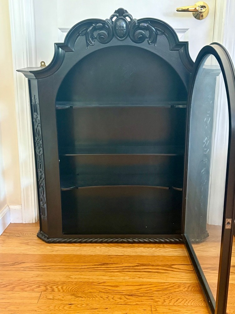 Antique Asian Chinese Oriental Curio Cabinet 4 Shelves Glass Door 33″H 30″W