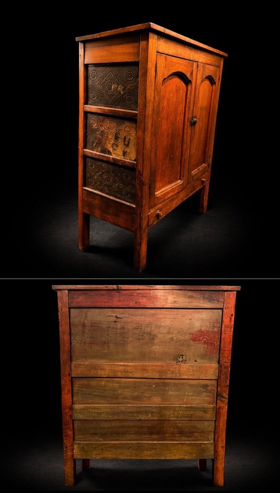 Antique Pie Safe Cabinet With Distinctive Design Stamped In Metal