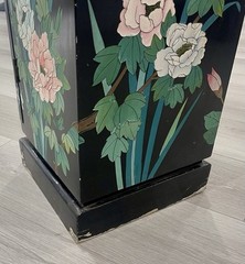 Oriental Asian Chinoiserie Lacquered Media Storage Cabinet Birds Flowers Texture