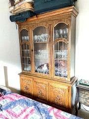 Singer Furniture (?) China Cabinet Hutch Mid Century Carved Wood Doors
