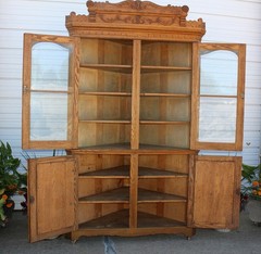 Magnificent OAK CORNER CHINA CABINET CUPBOARD HUTCH Sq Nail 4Dr w Crown Antique