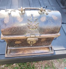 Antique Copper/Brass With Cast iron Support Cabinet Chest Jewelry Box, Heavy.