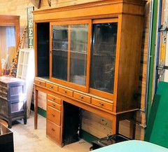19th c. Old Store Sliding Glass Display Cabinet w/ Drawers, Open Base