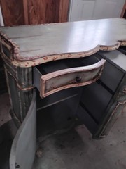 Antique Distressed Blue Wood Base Cabinet Raised Panel Doors Drawers Carvings