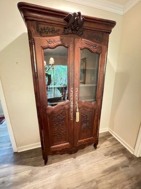 Vintage French hand carved beech china cabinet, 16″ iron hinges, lock and key