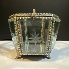 MCM Art Deco Mirrored Floral Etched Hexagonal Glass Jewelry Casket Trinket Box
