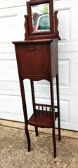 RARE TURN OF THE CENTURY VICTORIAN OAK SHAVING STAND W/ BEVELED MIRROR, KEY…