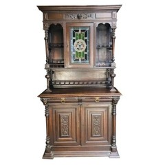 1800s Antique Carved Oak Cabinet, Leaded Glass, Country French Kitchen, JW0150