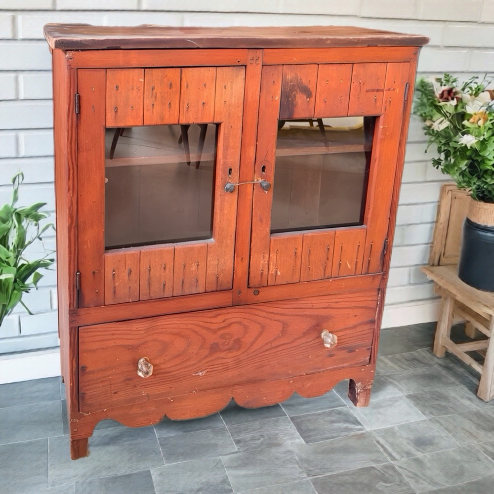 Antique Primitive Cupboard w/ Glass Doors & Large Drawer –Country Farmhouse