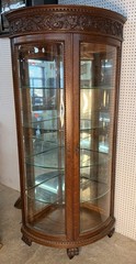 Antique Oak Corner Curio China Cabinet Beveled Glass Carved 80.75″ with Casters