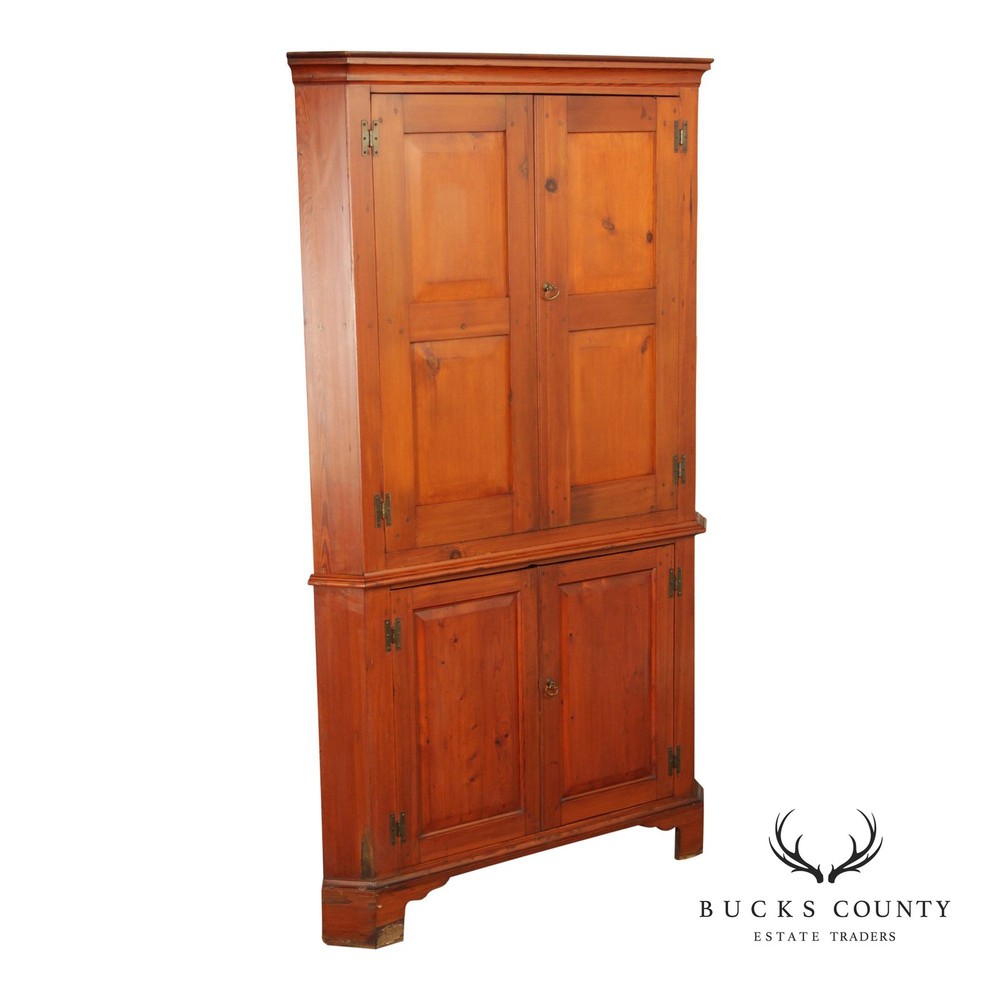 Antique American Pine Two-Part Paneled Door Corner Cupboard