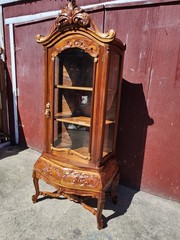 Antique Curio Bombay style Cabinet Carved Wood & Glass 3 Shelves