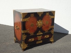 Vintage Asian Korean Tansu Style Burl Cabinet Side Table w Brass Hardware
