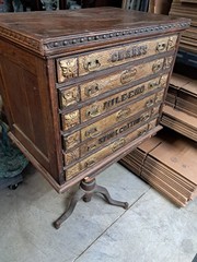 Antique Clark’s 6 Drawer Mile End Spool Cabinet – Solid Wood- Embossed Tin