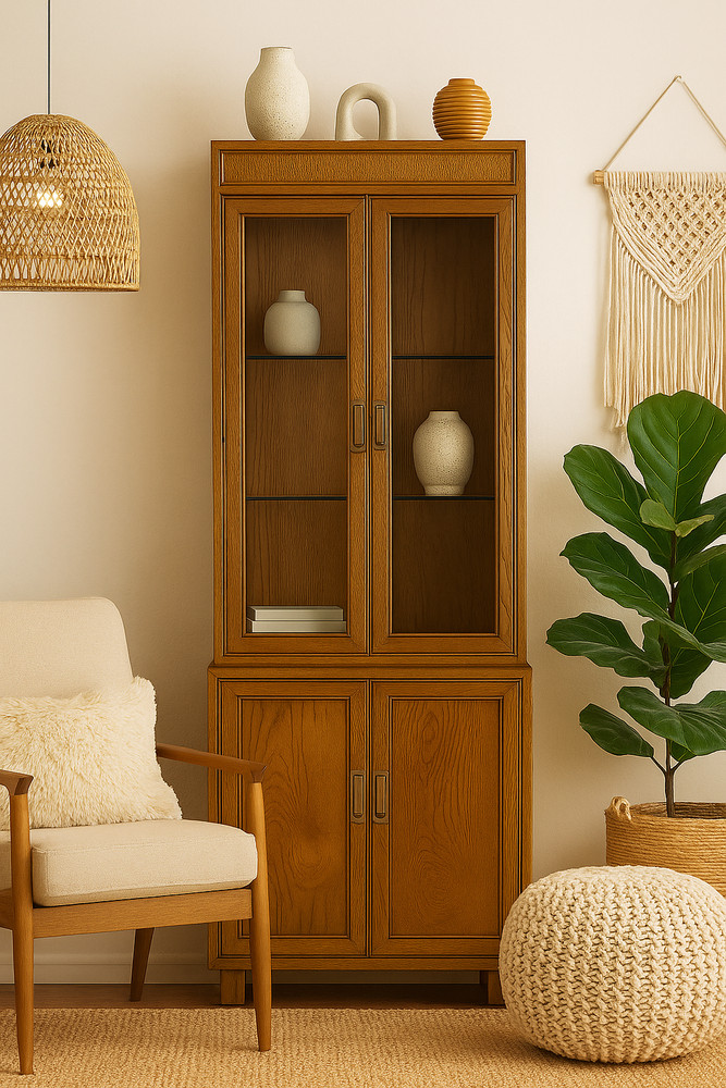 Vintage Henredon Campaign Style China Cabinet | Brass, Glass Shelves, Modular