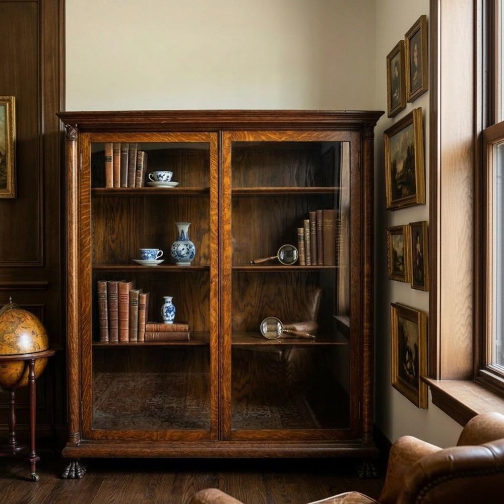 Antique Victorian Quarter Sawn Oak Library Cabinet