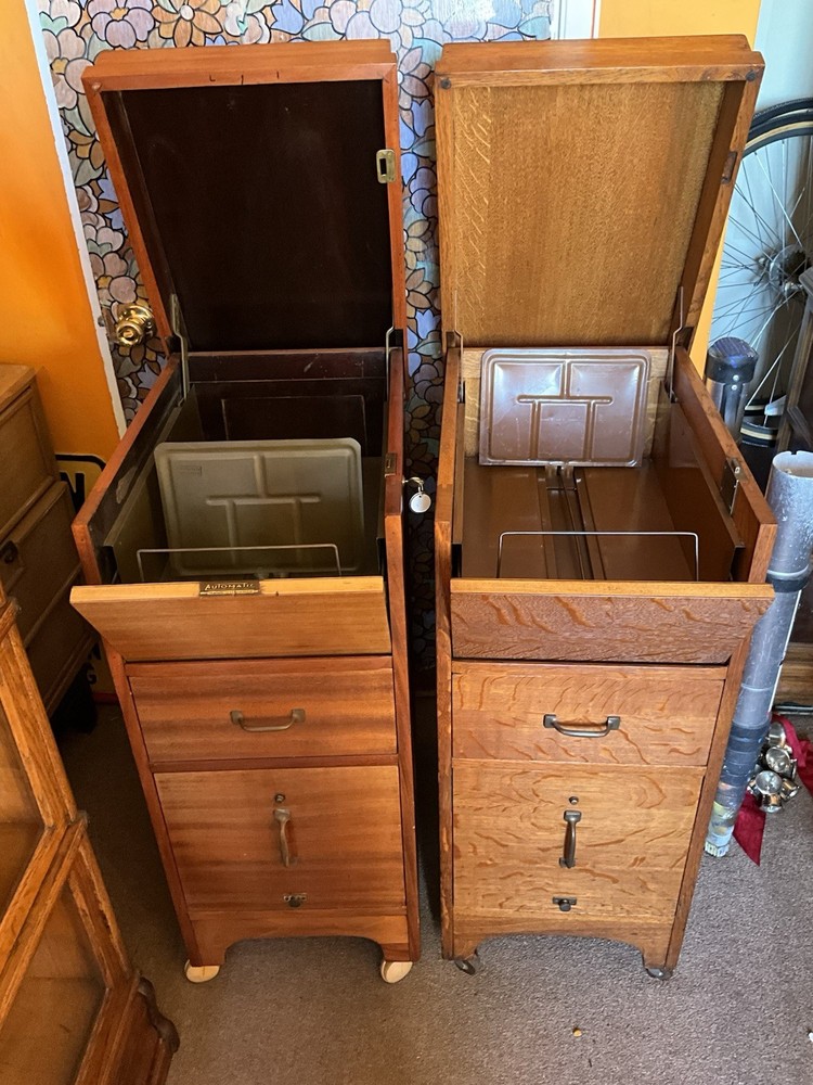 2 Rare Antique File Cabinets / Tilt Open Top Paneled Sides Casters