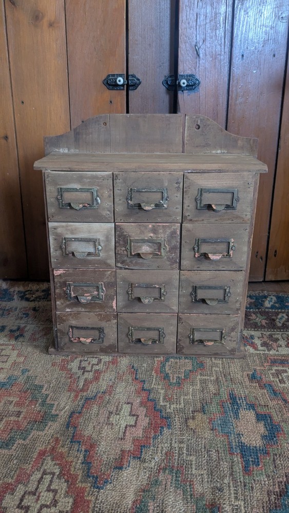 Antique Old Primitive Wood 12 Drawer Apothecary Spice Storage Cabinet 16″