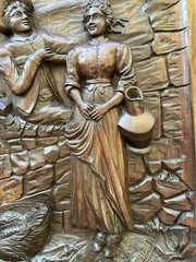 French Antique Architectural Romantic Peasant Scene Carved Wood Wall Panel 19th