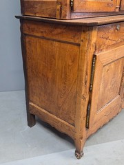 Antique French Elm Deux Corps Buffet Cabinet With Inlay and Fitted Interior