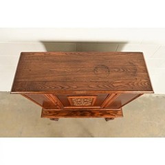 Early Romweber Antique English Jacobean Carved Oak and Burl Wood Bar Cabinet, Ci