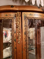 Antique Hand Painted Roses Wooden Curved Glass Curio Cabinet w/ Ormolu Trim
