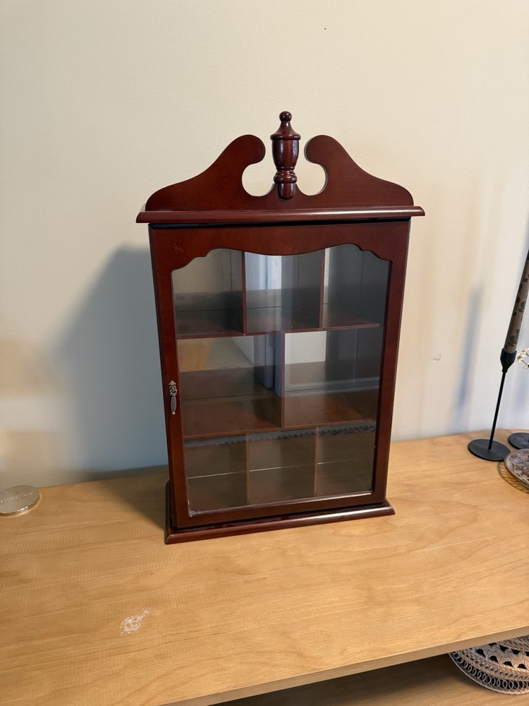 Vintage Wood Glass Door Wall Hanging Display Curio Cabinet 21×13.5 X4 Mirror