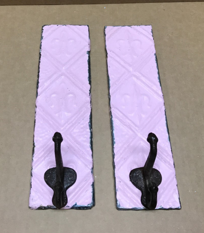 VTG Pair Decorative Tin Ceiling Metal Single Hook Wall Rack Plaque Old 407-26B