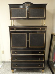 RARE CHIC 40’s GROSFELD HOUSE BLACK LACQUERED CABINET w/ CANE WORK & BRASS