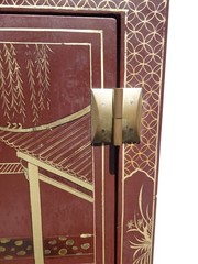 Vintage Chinese Asian Burgundy Lacquer Floral Chinoiserie Cabinet ~ Side Table